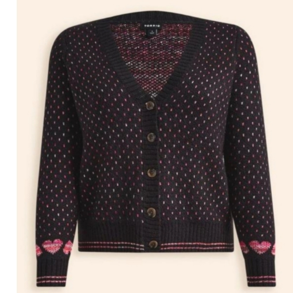 Torrid Cardigan Sweater Drop Shoulder V-Neck Black Pink Hearts Size 4X 26 NWT